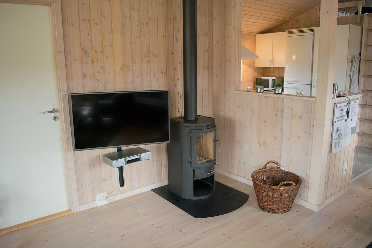Brændeovn og fladskærms TV i sommerhuset